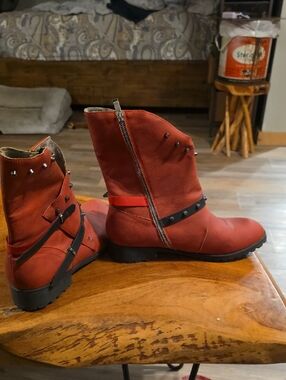 Women's Red Studded Zip-Up Ankle Boots